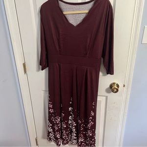 Burgundy Pull On Dress with Floral Accents